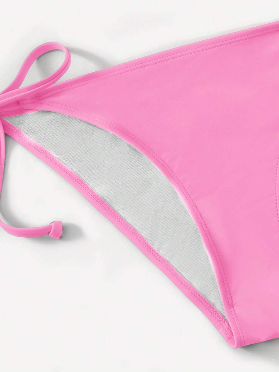 Women's high waist halter tie bikini swimwear set featuring triangle cups, wireless bra with removable padding, and tie side bottoms.