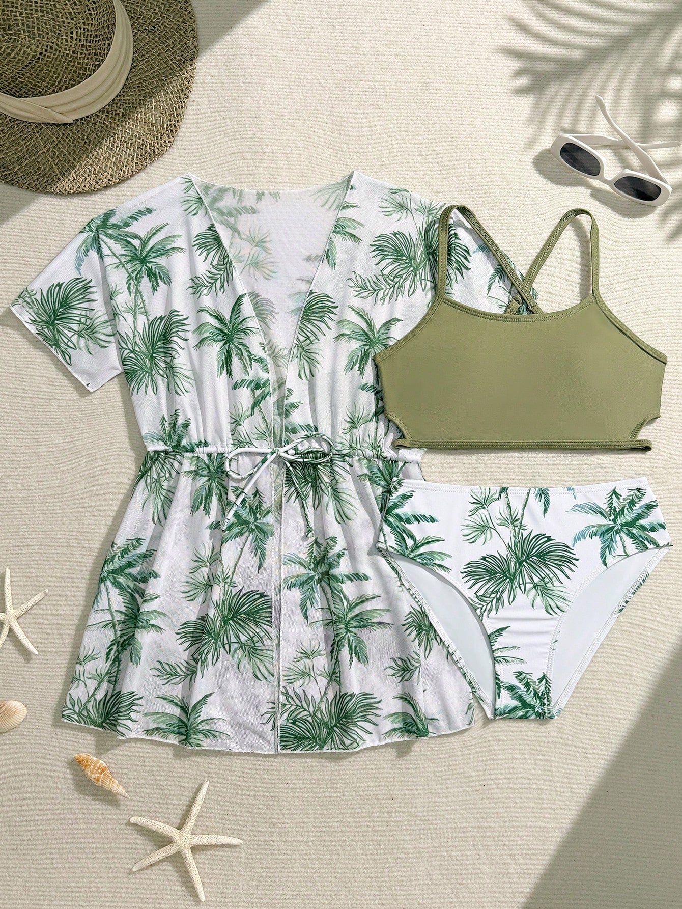 Tween girls 3-piece striped swimwear set featuring a tankini top, mid-waist bikini bottoms with a drawstring waist, and a matching kimono cover-up for beach or vacation wear.