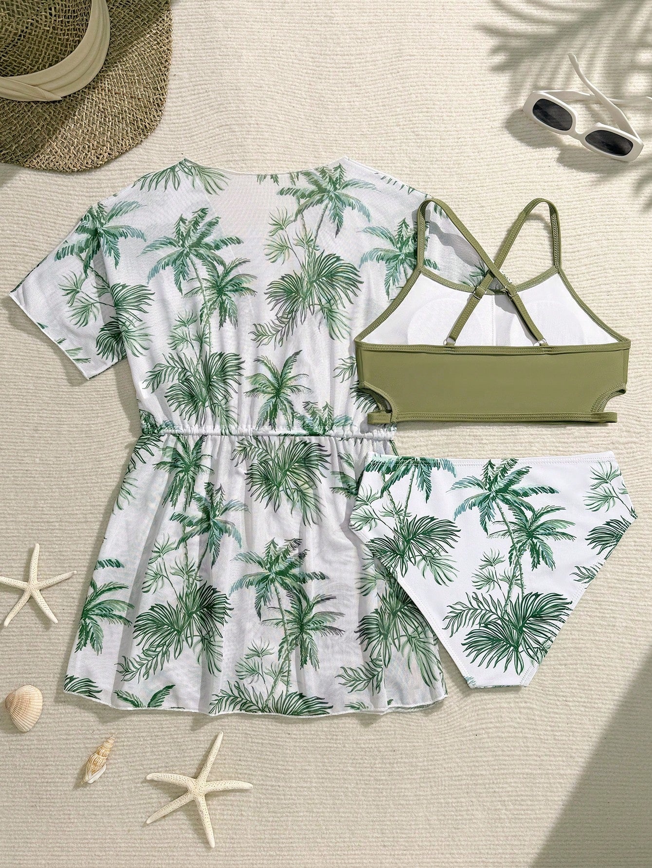 Tween girls 3-piece striped swimwear set featuring a tankini top, mid-waist bikini bottoms with a drawstring waist, and a matching kimono cover-up for beach or vacation wear.