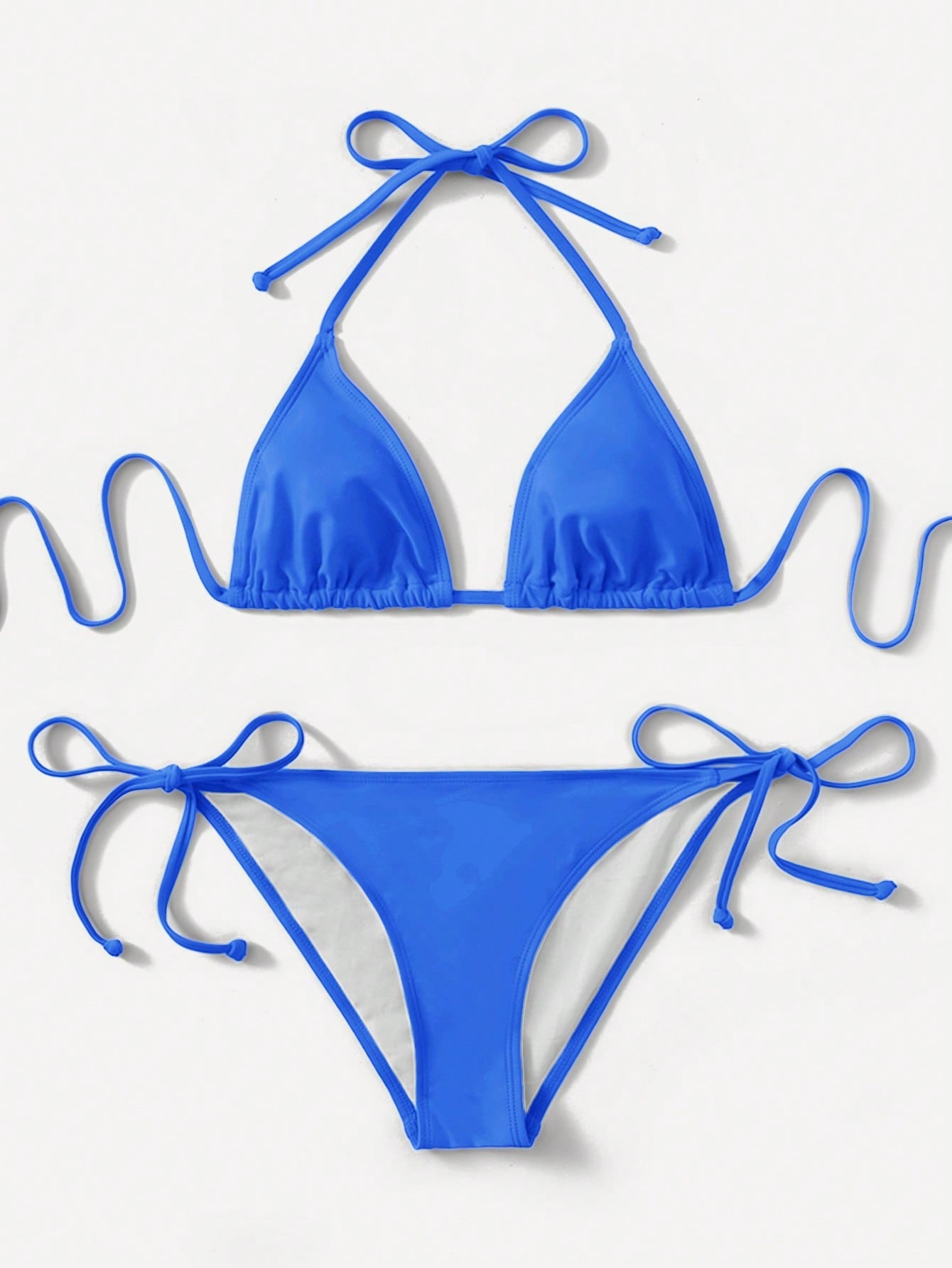Women's high waist halter tie bikini swimwear set featuring triangle cups, wireless bra with removable padding, and tie side bottoms.