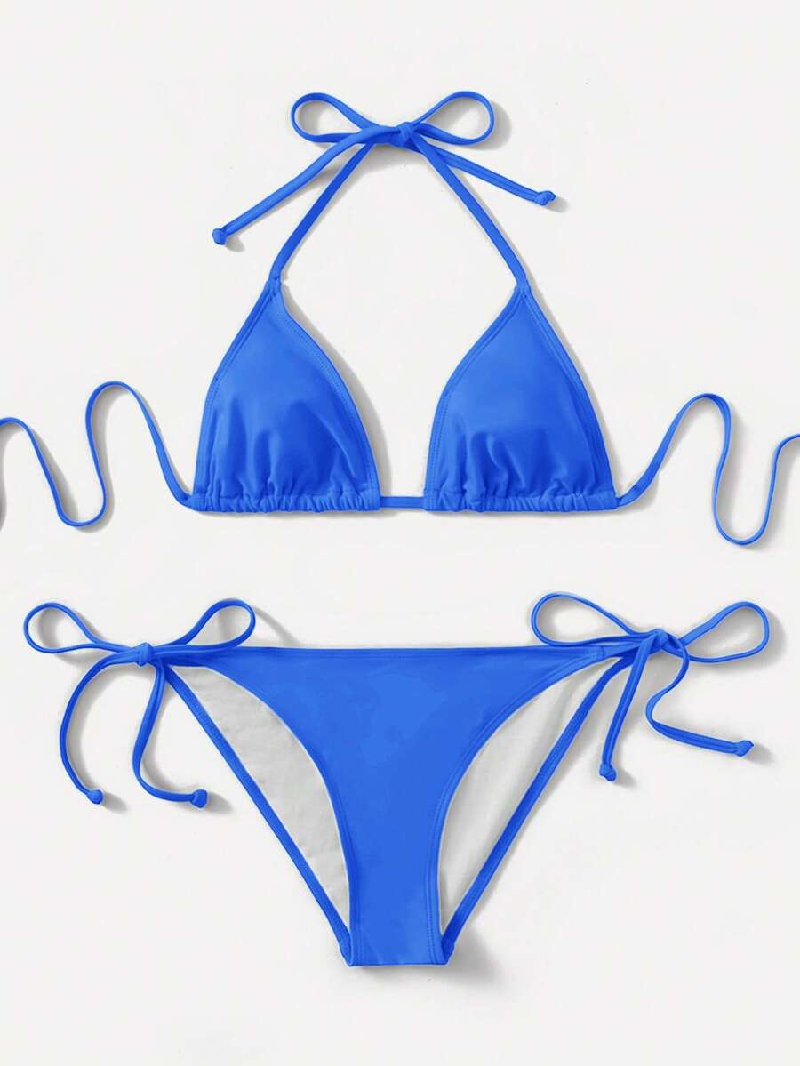 Women's high waist halter tie bikini swimwear set featuring triangle cups, wireless bra with removable padding, and tie side bottoms.