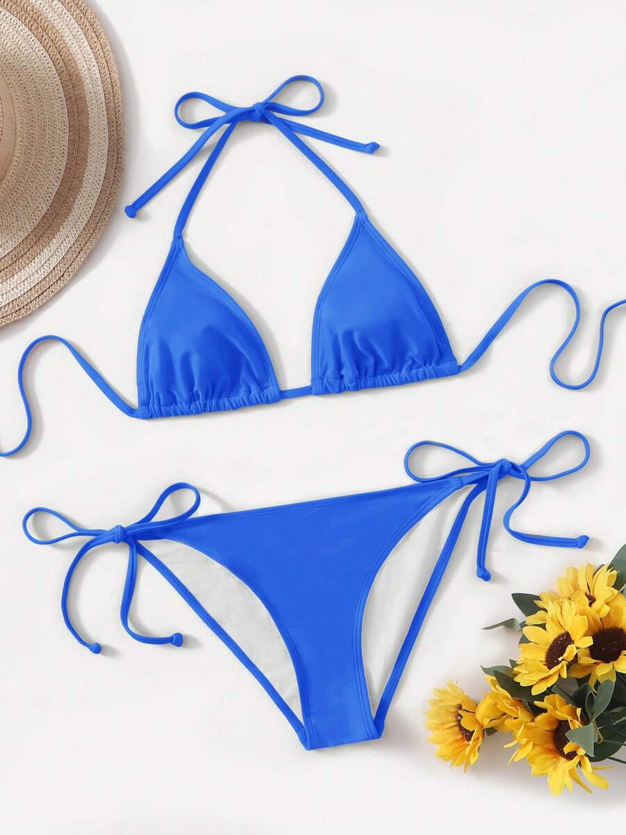 Women's high waist halter tie bikini swimwear set featuring triangle cups, wireless bra with removable padding, and tie side bottoms.