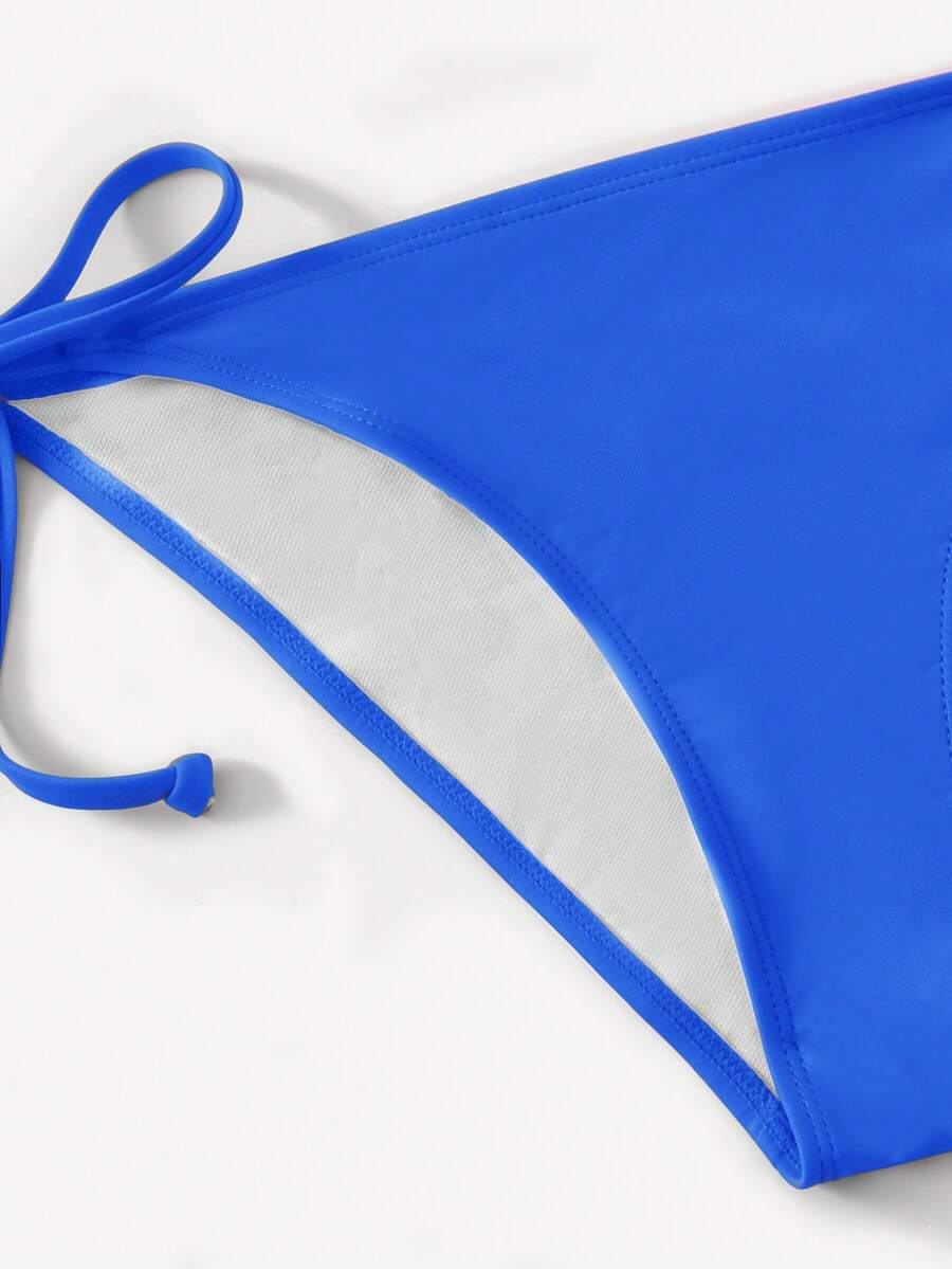 Women's high waist halter tie bikini swimwear set featuring triangle cups, wireless bra with removable padding, and tie side bottoms.
