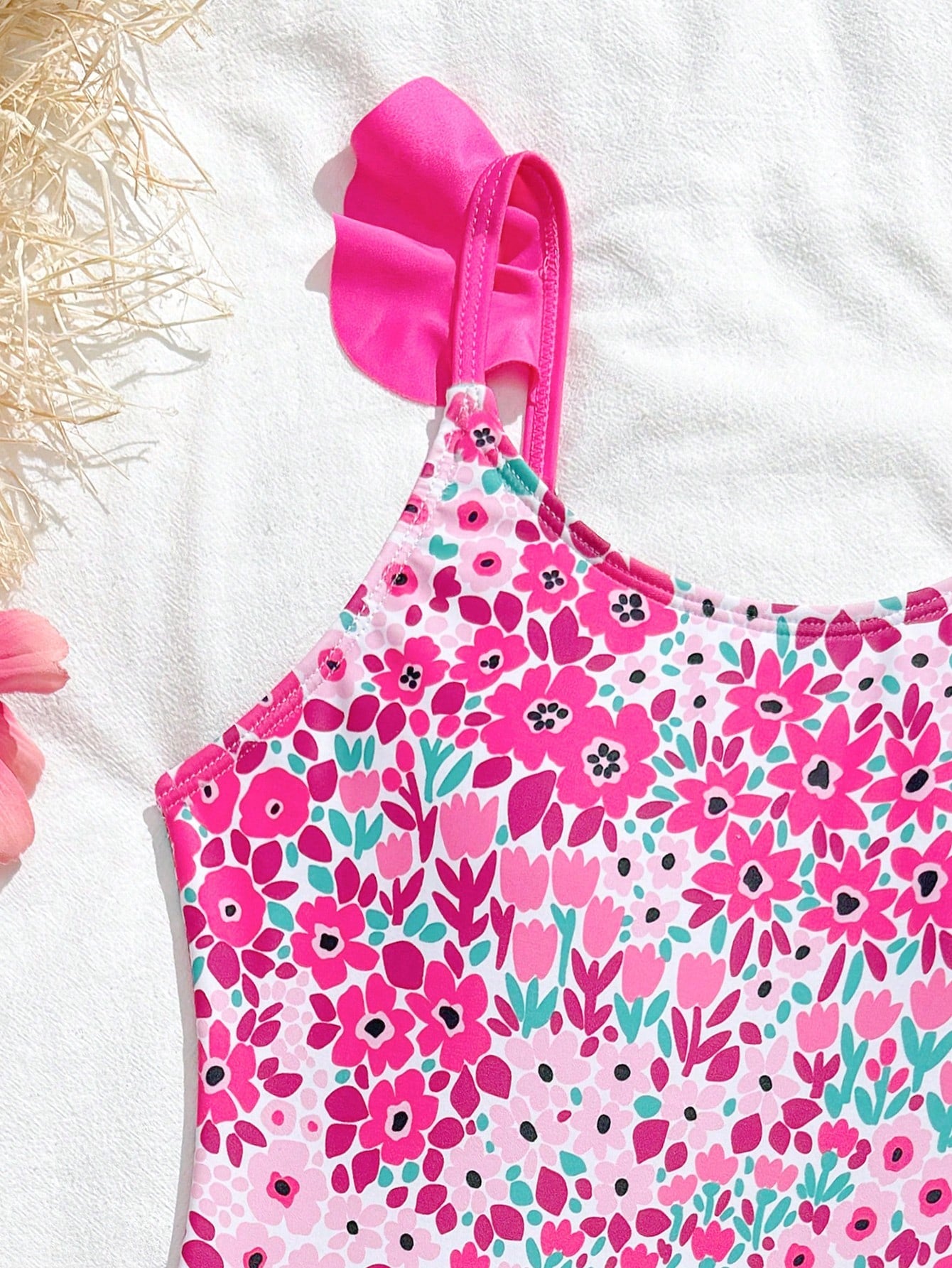 Tween girls one-piece swimsuit in leopard print with ruffle shoulder straps, scoop neckline, fitted shape, and attached ruffle hem skirt; sleeveless, mid-waist skirt bottom, and lined body for swimming, vacation, and summer beach wear.