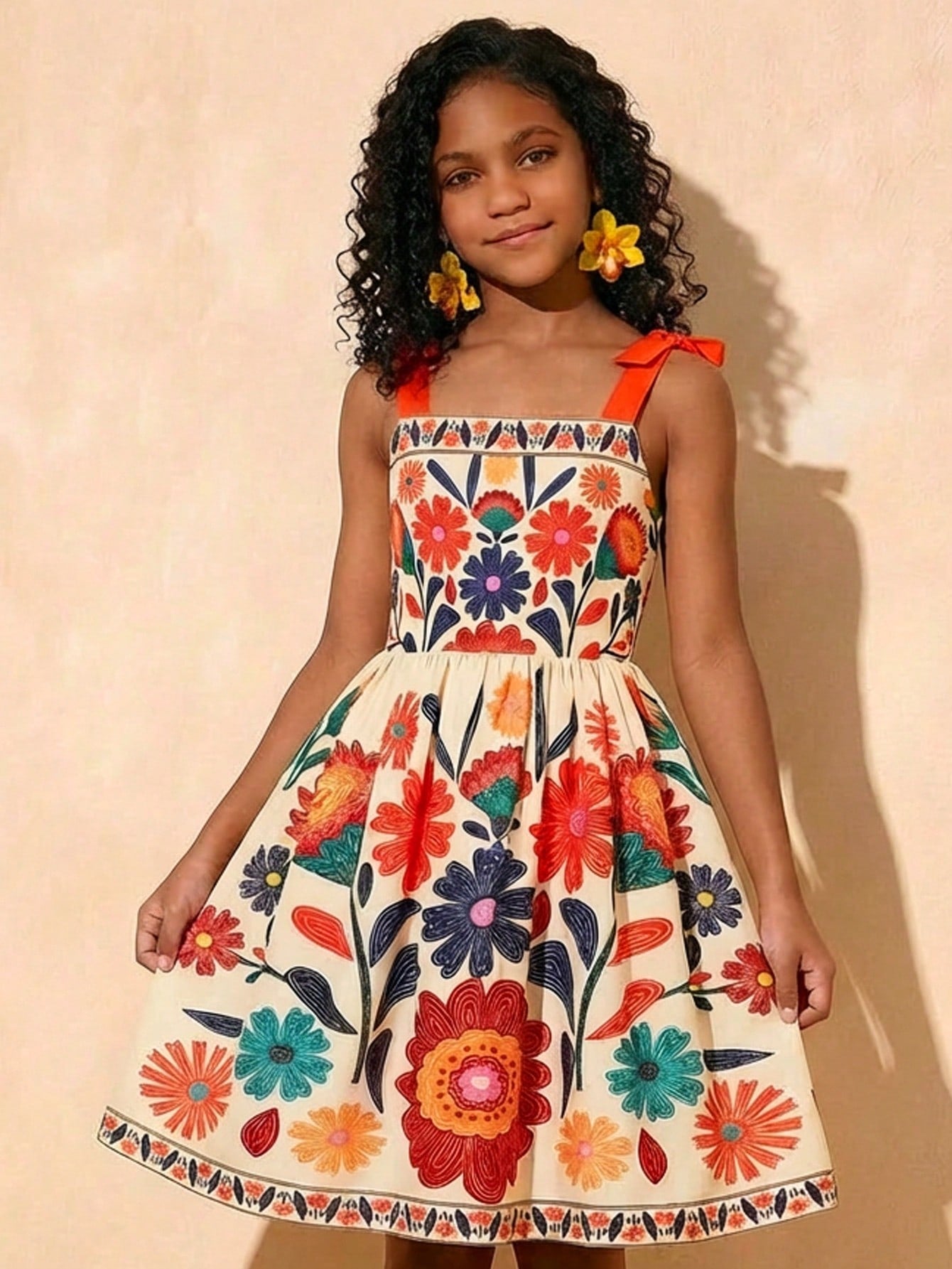 Tween girls multicolor floral print cami dress with spaghetti straps, shirred detail, belted high waist, zipper closure, and flared short hem.