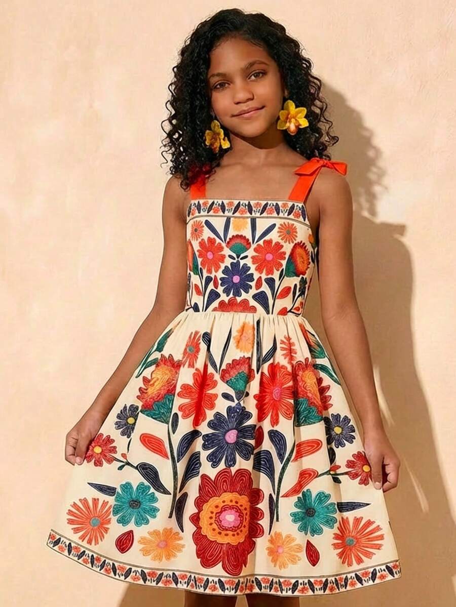 Tween girls multicolor floral print cami dress with spaghetti straps, shirred detail, belted high waist, zipper closure, and flared short hem.