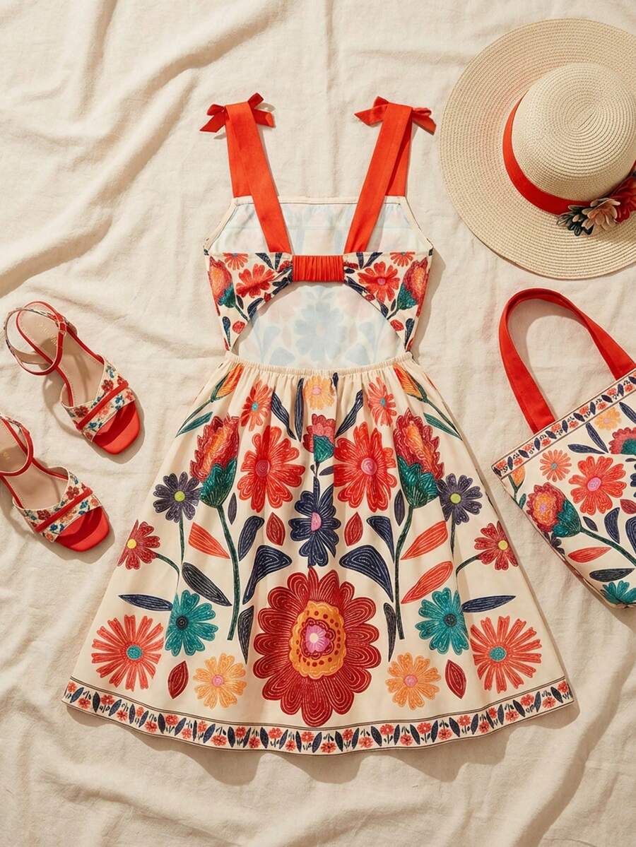 Tween girls multicolor floral print cami dress with spaghetti straps, shirred detail, belted high waist, zipper closure, and flared short hem.