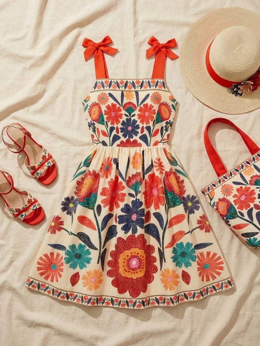 Tween girls multicolor floral print cami dress with spaghetti straps, shirred detail, belted high waist, zipper closure, and flared short hem.