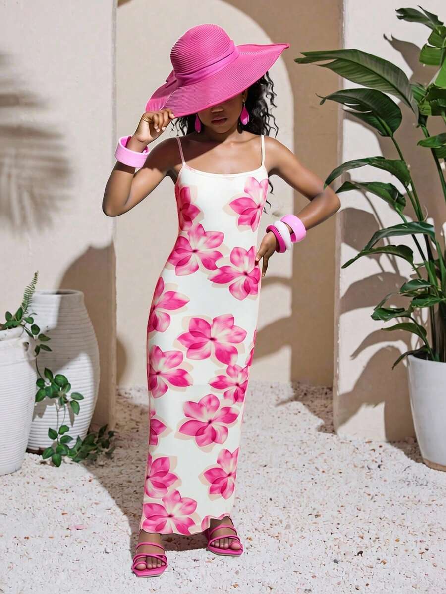 Tween girl yellow long halter dress with textured jacquard knit, sleeveless slim fit cami design, natural waist, straight hem, and lined non-sheer finish for vacation or party wear.