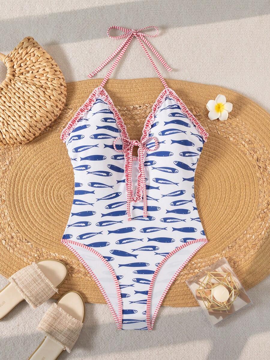 Multicolor floral print women's bikini swimsuit set featuring spaghetti straps, wireless lined bra with removable padding, backless lace-up design, and high cut bottom.