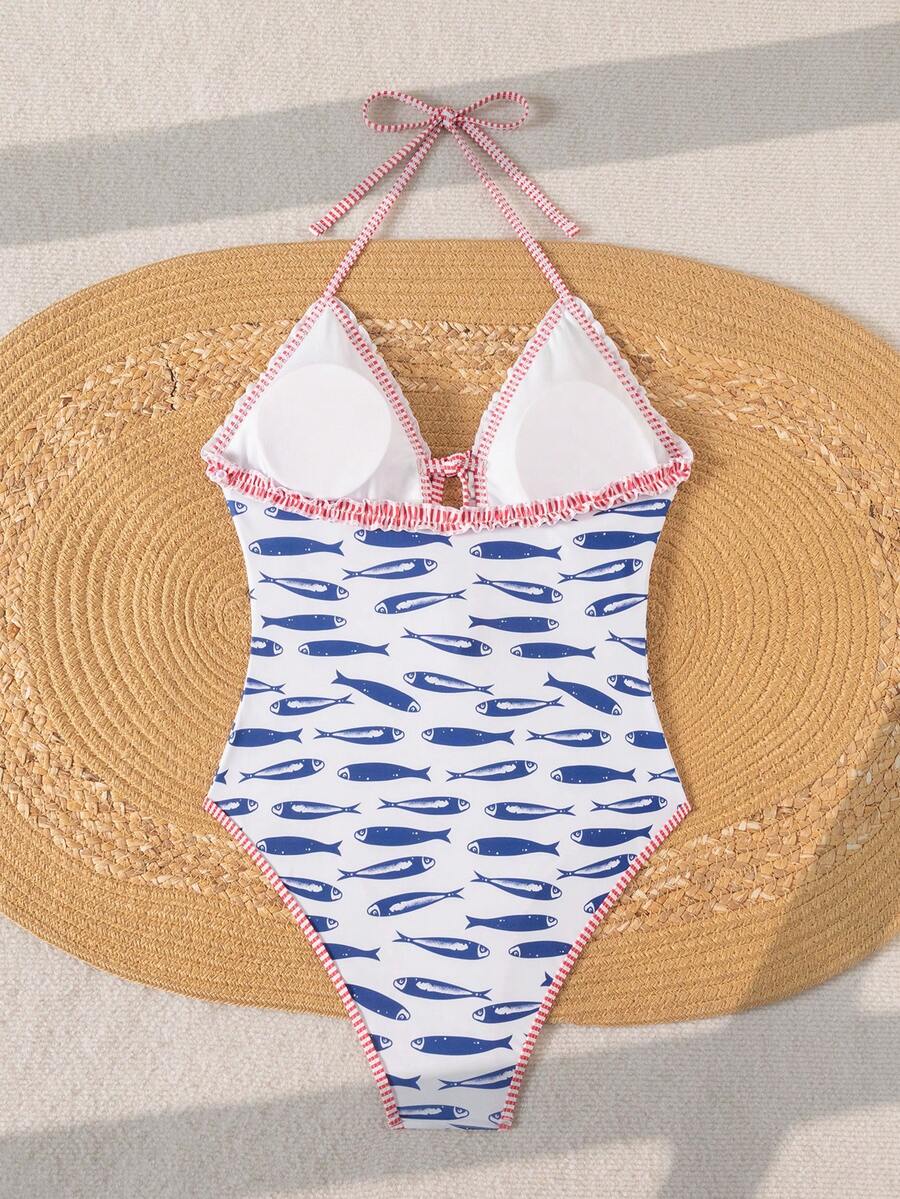Multicolor floral print women's bikini swimsuit set featuring spaghetti straps, wireless lined bra with removable padding, backless lace-up design, and high cut bottom.
