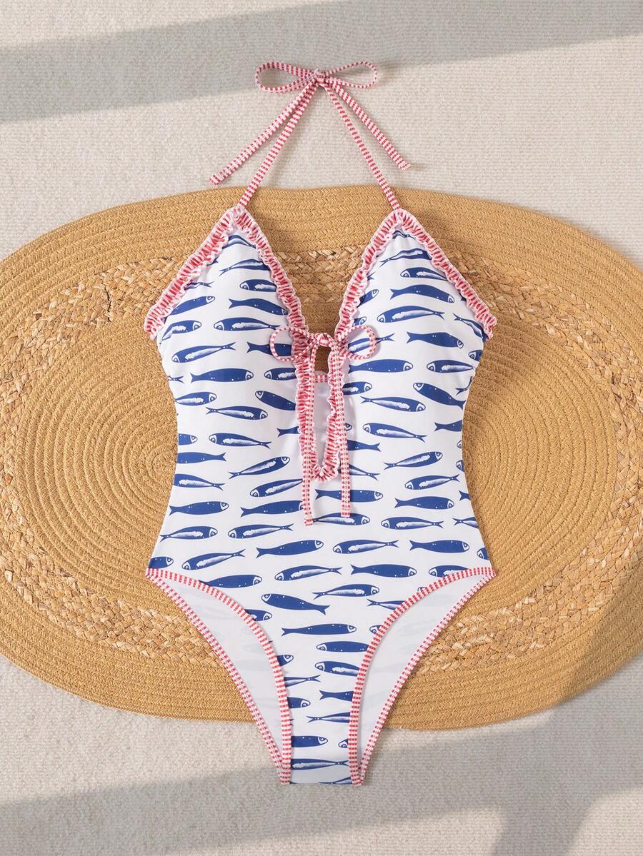 Multicolor floral print women's bikini swimsuit set featuring spaghetti straps, wireless lined bra with removable padding, backless lace-up design, and high cut bottom.
