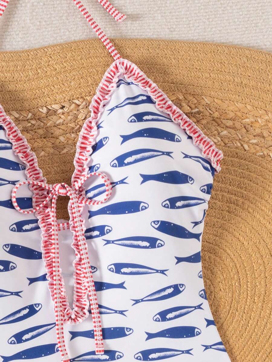 Multicolor floral print women's bikini swimsuit set featuring spaghetti straps, wireless lined bra with removable padding, backless lace-up design, and high cut bottom.