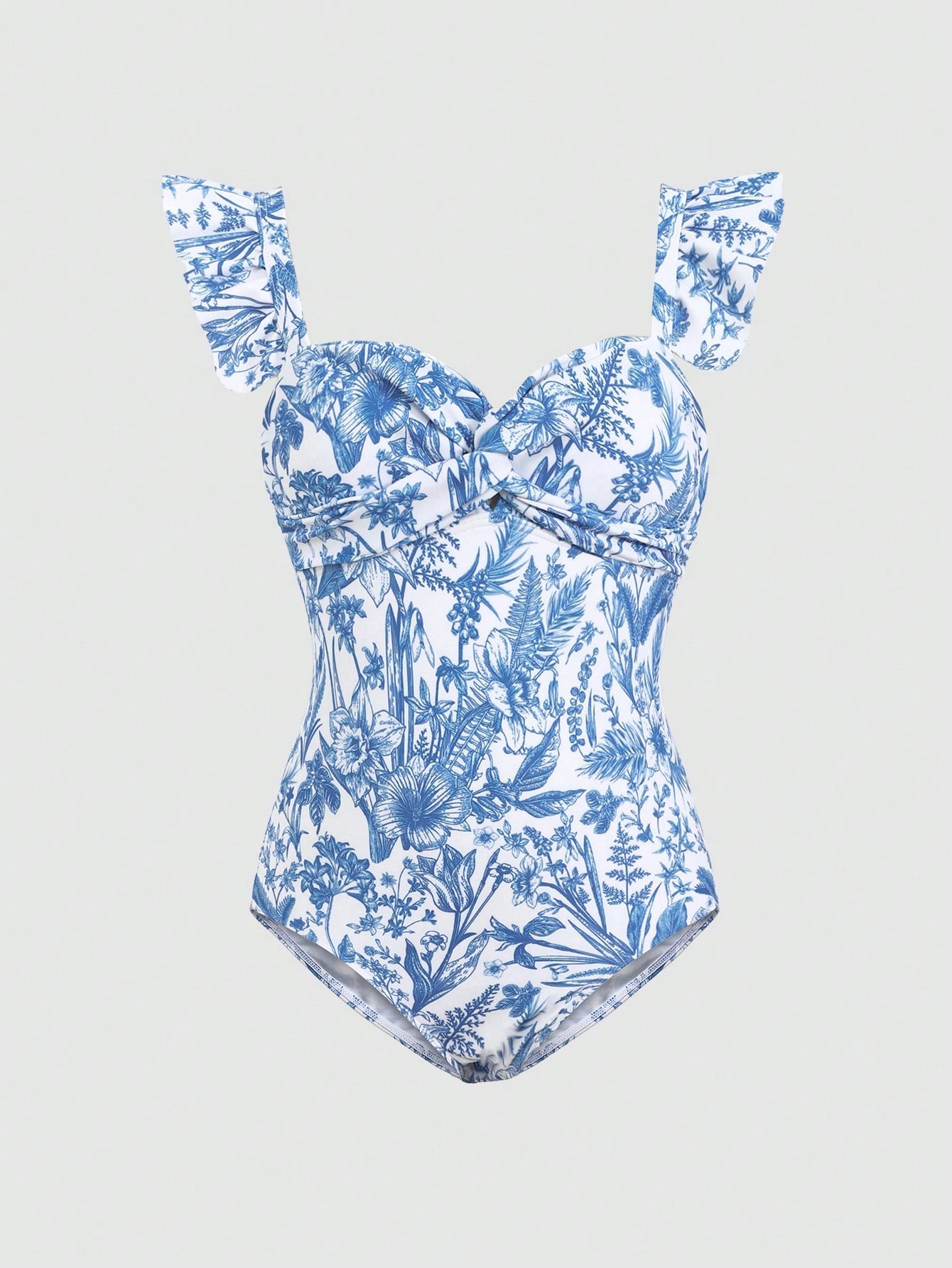 Tween girls blue and white floral print one-piece swimsuit with ruffle detail, spaghetti straps, V-neck styling, and vacation beachwear look.