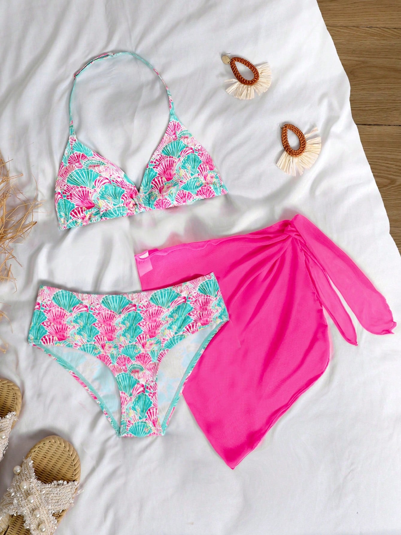3pcs/Set Girl Orange Shell Print Swimwear Top&Bottoms,Beach Vacation Style Tropical Three Pieces Set Summer Swimwears For Tween Sets