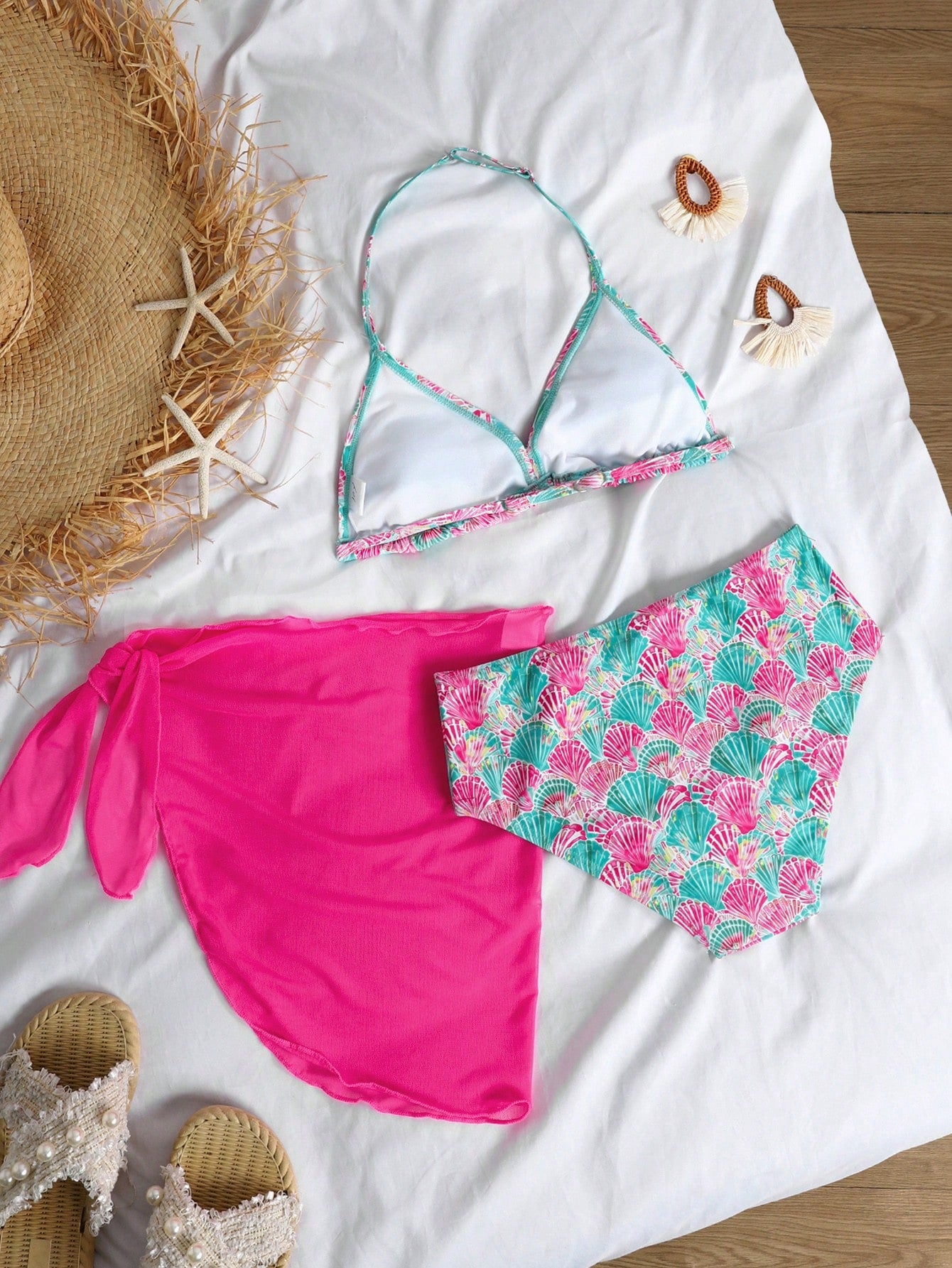 3pcs/Set Girl Orange Shell Print Swimwear Top&Bottoms,Beach Vacation Style Tropical Three Pieces Set Summer Swimwears For Tween Sets