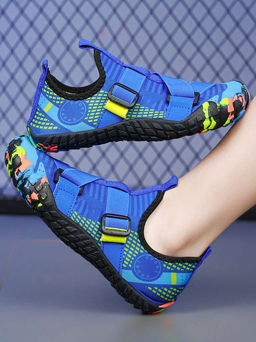 Kids lightweight breathable slip-on water shoes in black plaid pattern with rubber outsole for boys and girls.