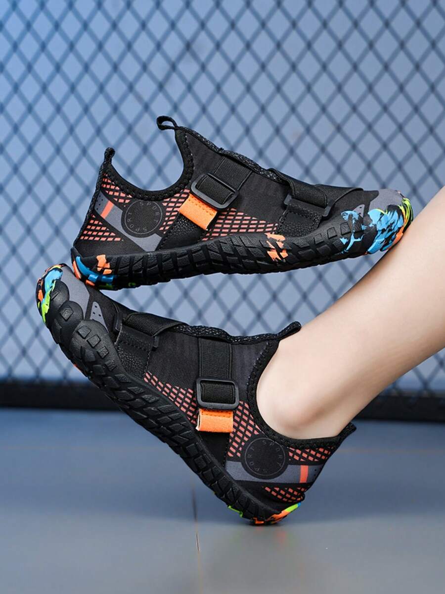 Kids lightweight breathable slip-on water shoes in black plaid pattern with rubber outsole for boys and girls.