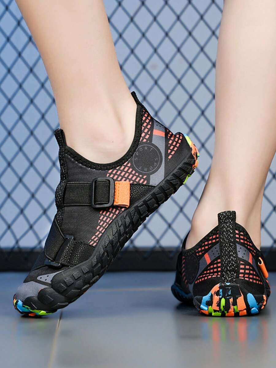 Kids lightweight breathable slip-on water shoes in black plaid pattern with rubber outsole for boys and girls.