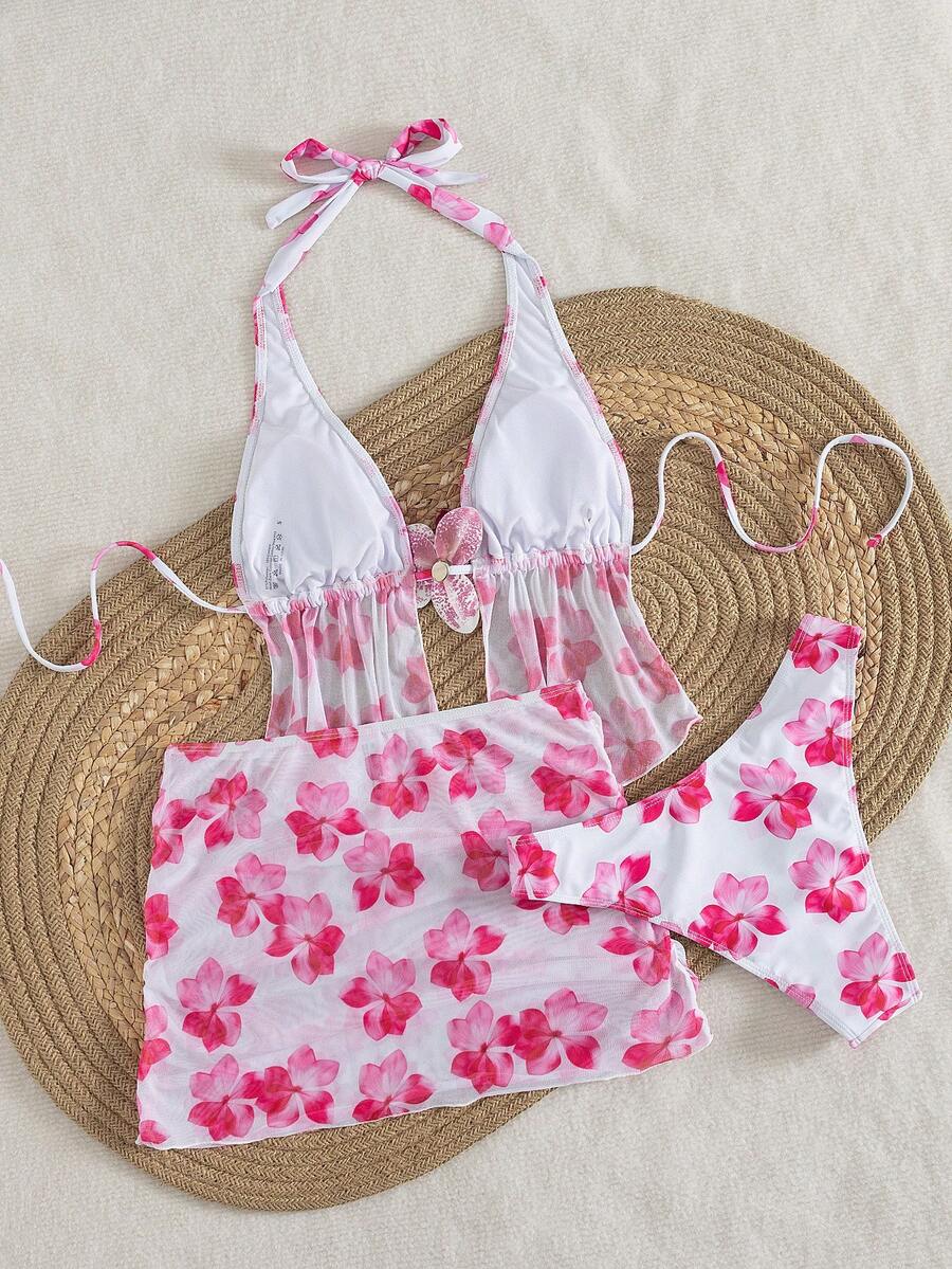 Women's 3-piece floral bikini set featuring a multicolor plant print halter top with 3D rose detail, matching bikini bottoms, and short skirt cover-up