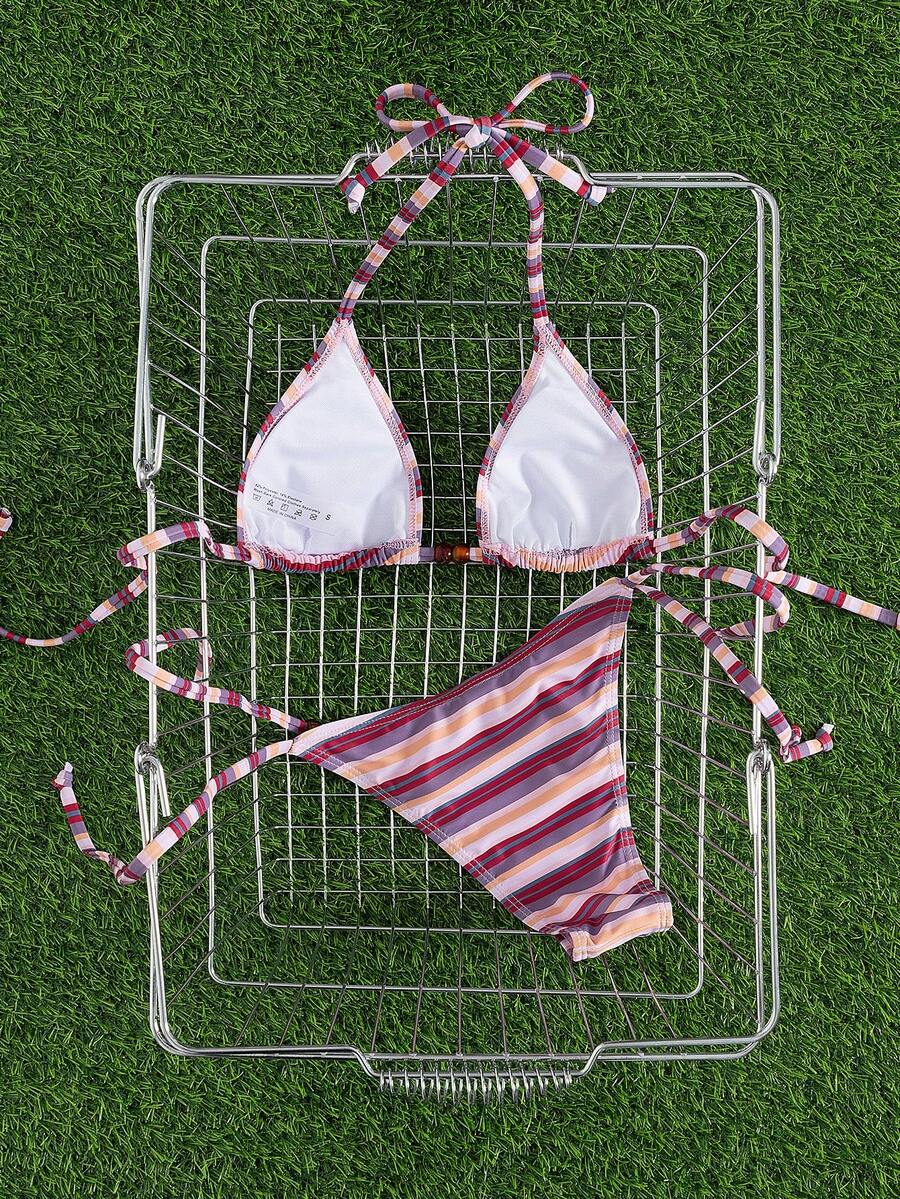 Multicolor women's 2-piece halter triangle bikini set featuring tie-side bottoms and removable padding for beach vacation.