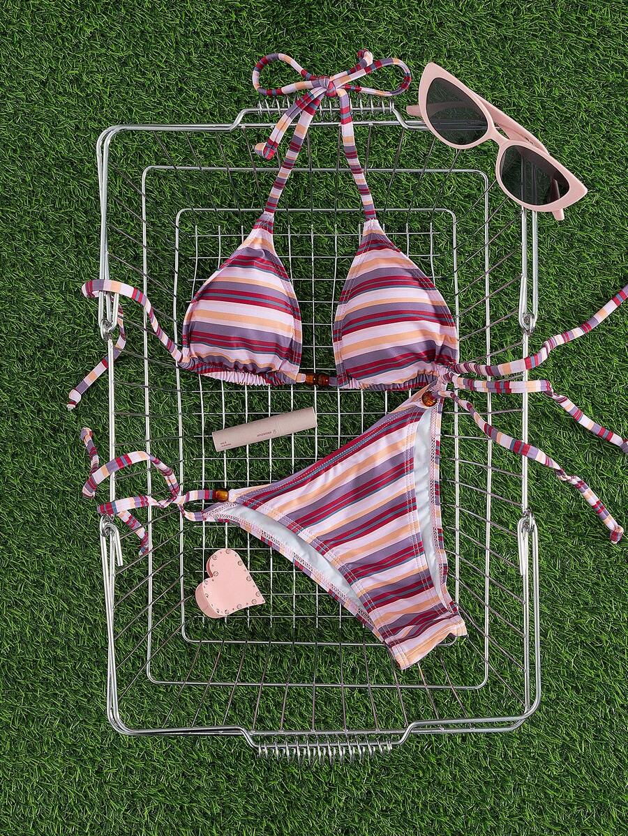 Multicolor women's 2-piece halter triangle bikini set featuring tie-side bottoms and removable padding for beach vacation.