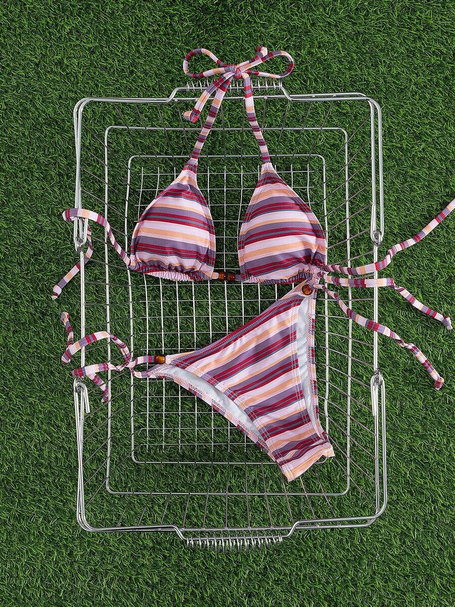 Multicolor women's 2-piece halter triangle bikini set featuring tie-side bottoms and removable padding for beach vacation.