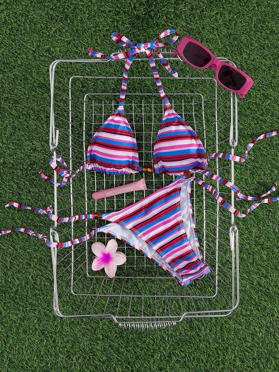 Multicolor women's 2-piece halter triangle bikini set featuring tie-side bottoms and removable padding for beach vacation.