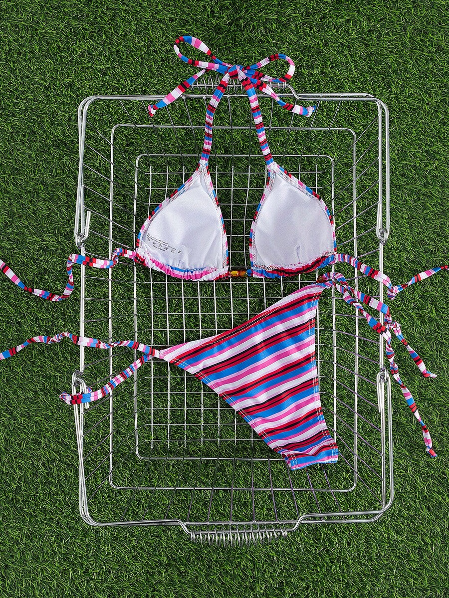 Multicolor women's 2-piece halter triangle bikini set featuring tie-side bottoms and removable padding for beach vacation.