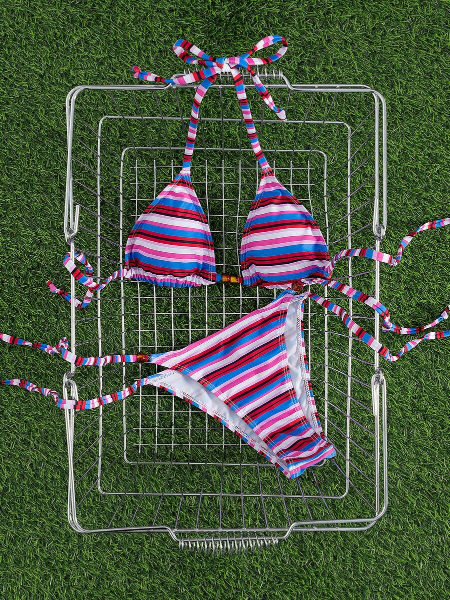 Multicolor women's 2-piece halter triangle bikini set featuring tie-side bottoms and removable padding for beach vacation.