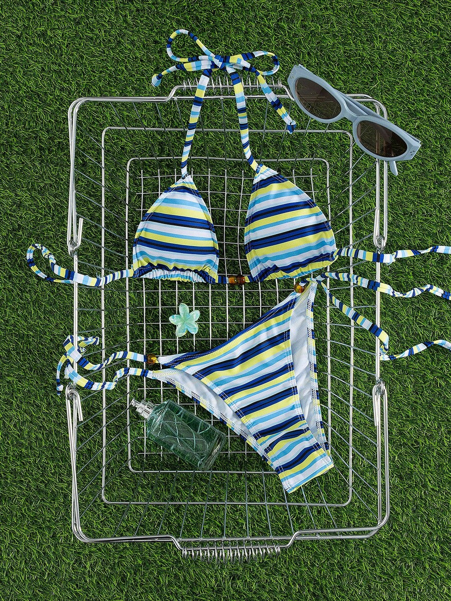 Multicolor women's 2-piece halter triangle bikini set featuring tie-side bottoms and removable padding for beach vacation.