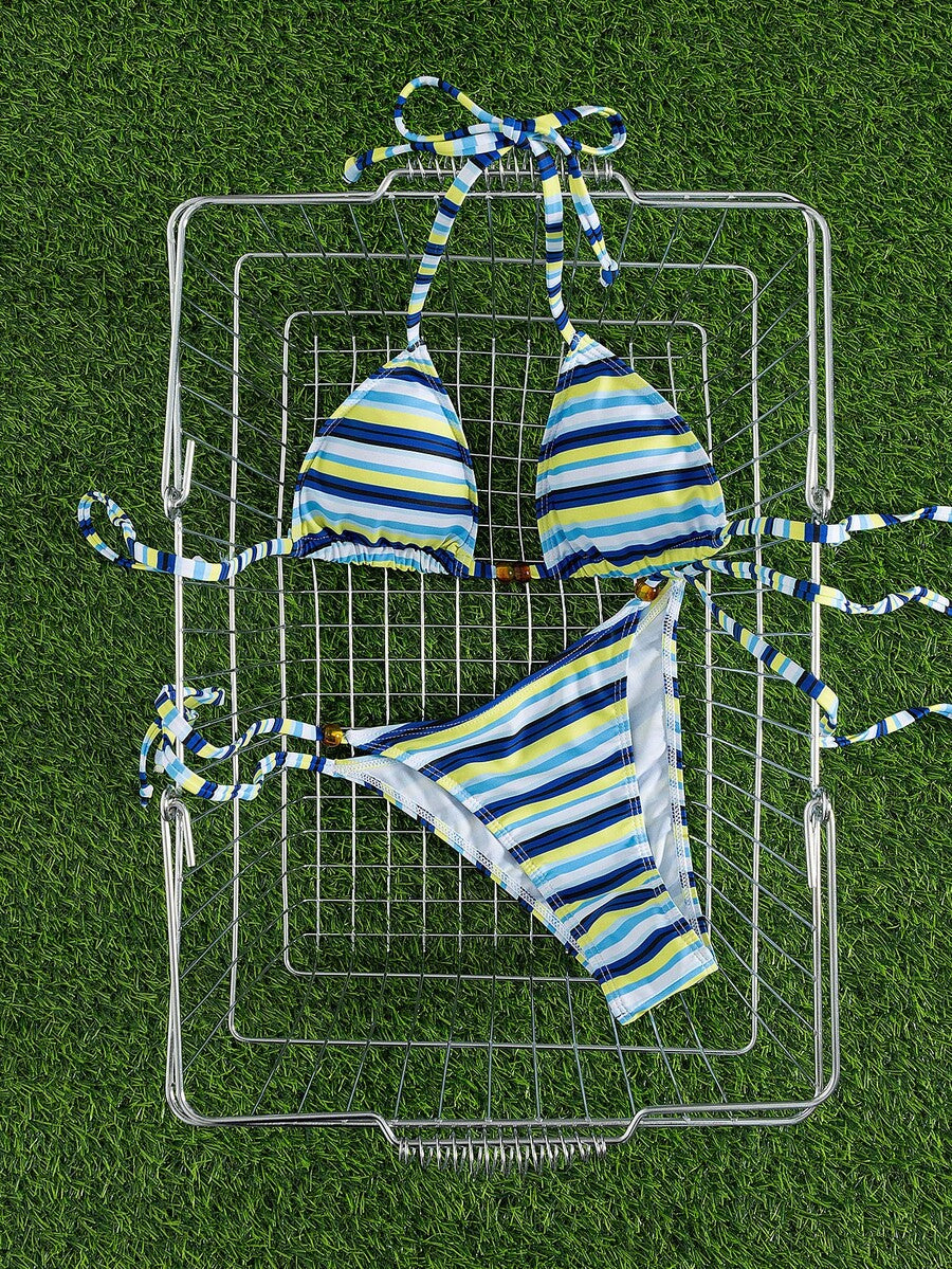 Multicolor women's 2-piece halter triangle bikini set featuring tie-side bottoms and removable padding for beach vacation.