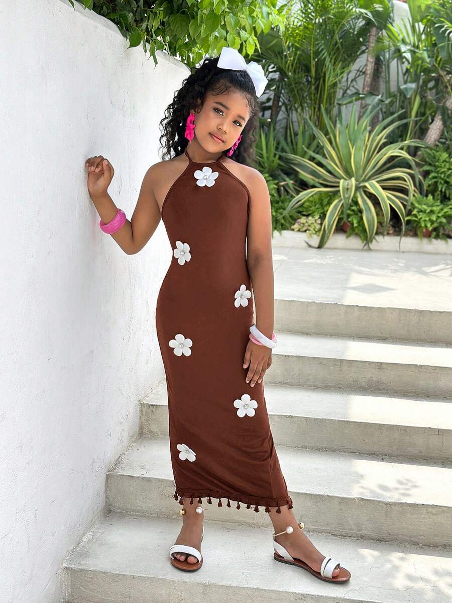 Tween girls halter dress in multicolor Christmas pattern with sleeveless cami design, split detail, slim fit, and long vacation style