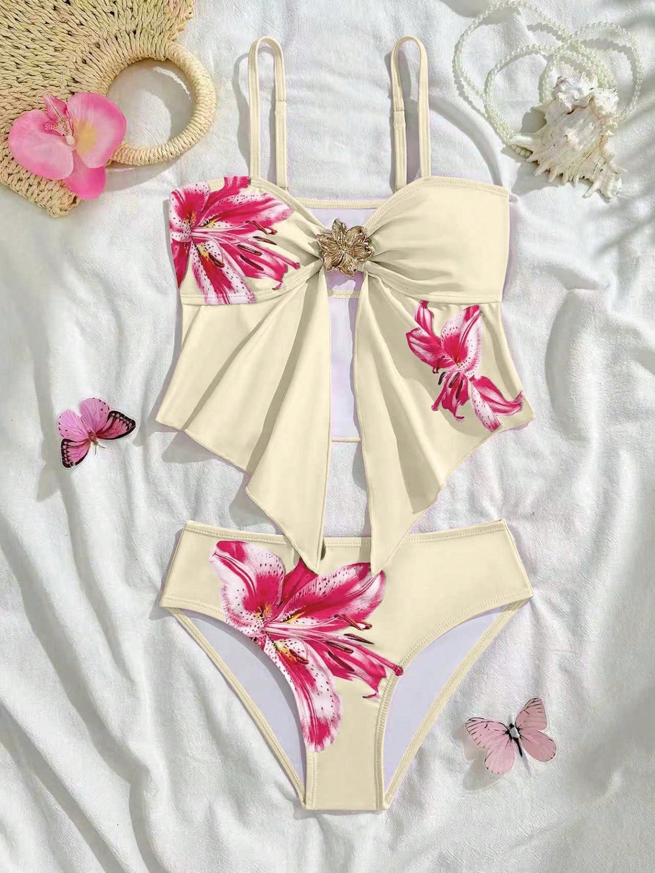 Tween girls 2-piece tankini swimwear set in apricot with a textured jacquard look, asymmetrical spaghetti-strap sleeveless top, and matching mid-waist short bikini bottoms.