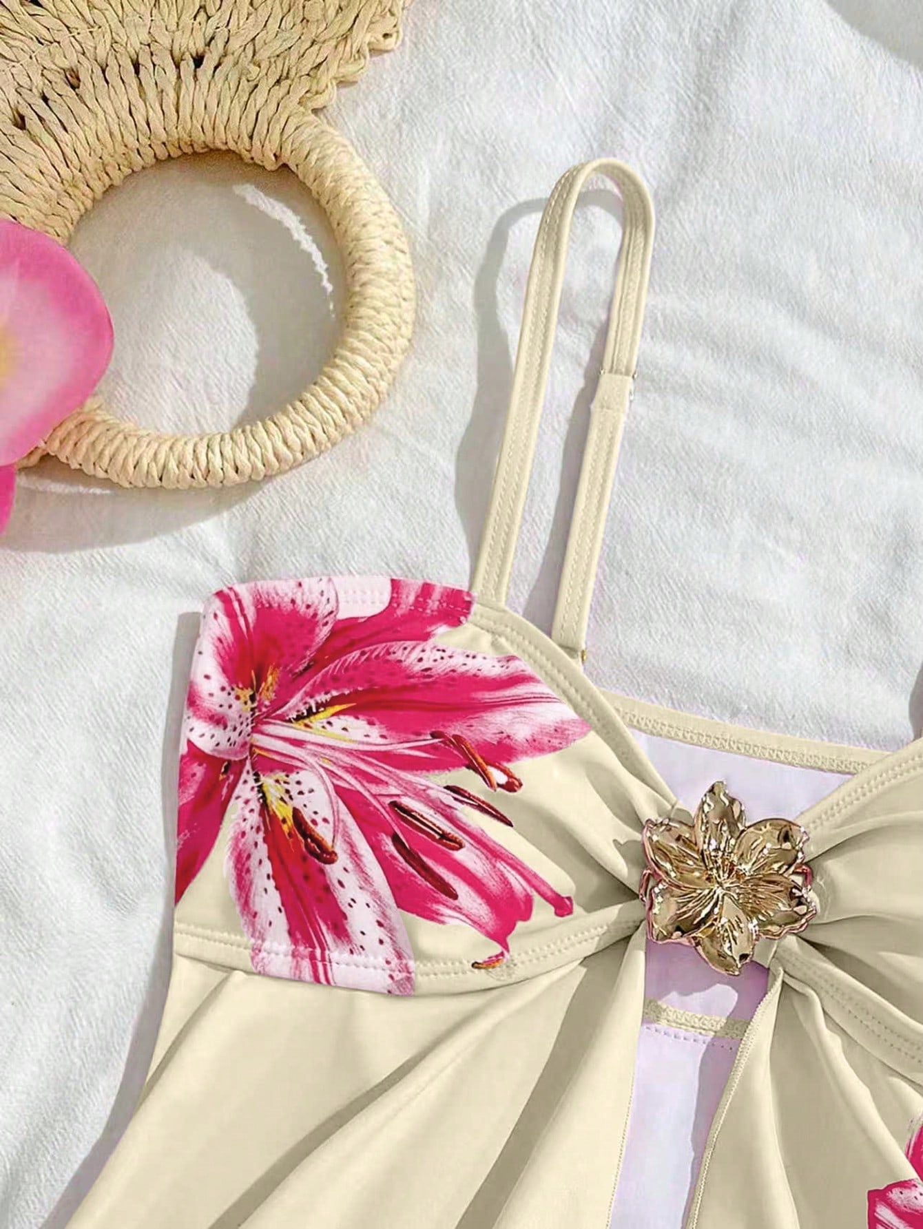 Tween girls 2-piece tankini swimwear set in apricot with a textured jacquard look, asymmetrical spaghetti-strap sleeveless top, and matching mid-waist short bikini bottoms.