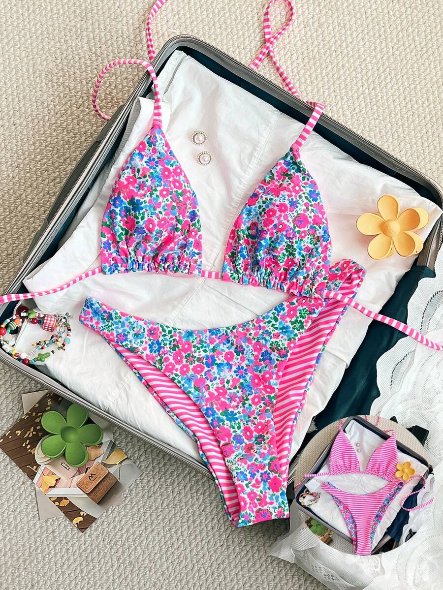 Women's two-piece halter bikini set featuring high cut thong bottoms and removable padding