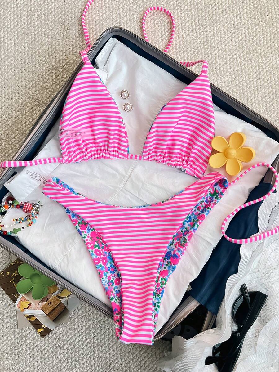 Women's two-piece halter bikini set featuring high cut thong bottoms and removable padding