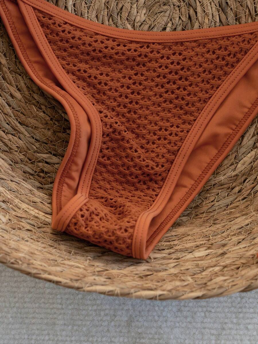 Women's apricot solid halter tie bikini top with triangle cups and matching tie-side swimsuit bottoms.