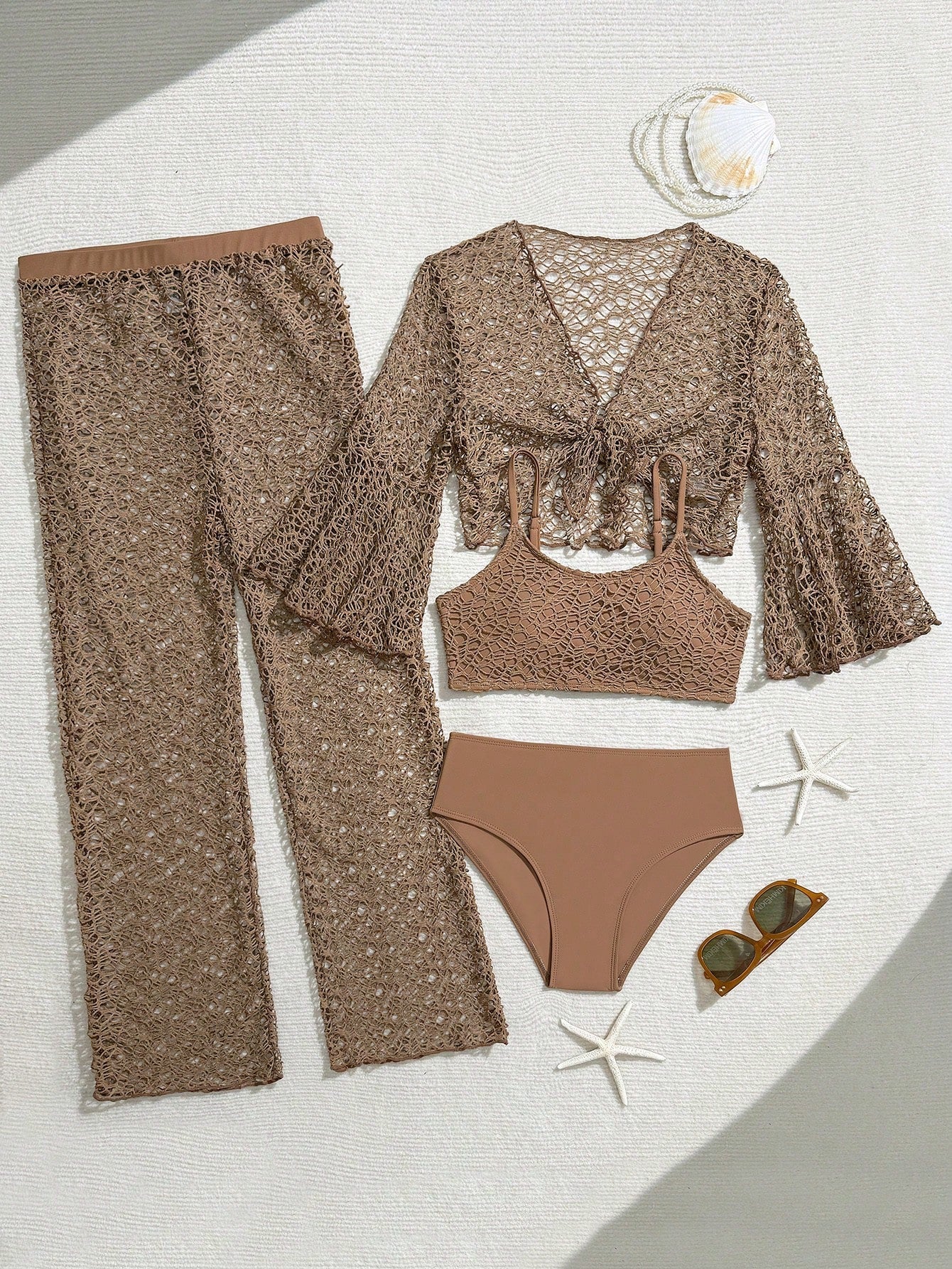 Tween girls beige bikini set with long sleeve round neck top, hollow-out asymmetrical details, mid-waist bottoms, and cover up for beach or vacation swimwear