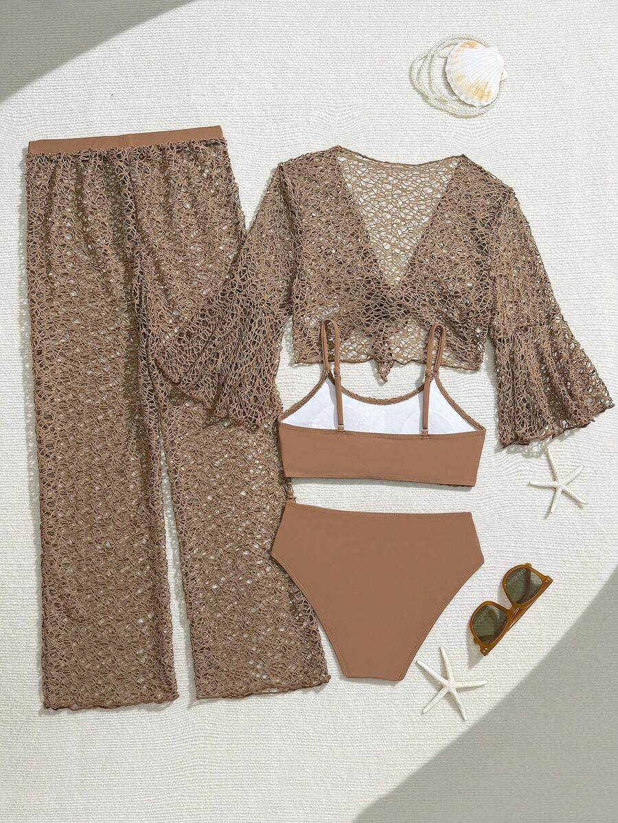 Tween girls beige bikini set with long sleeve round neck top, hollow-out asymmetrical details, mid-waist bottoms, and cover up for beach or vacation swimwear