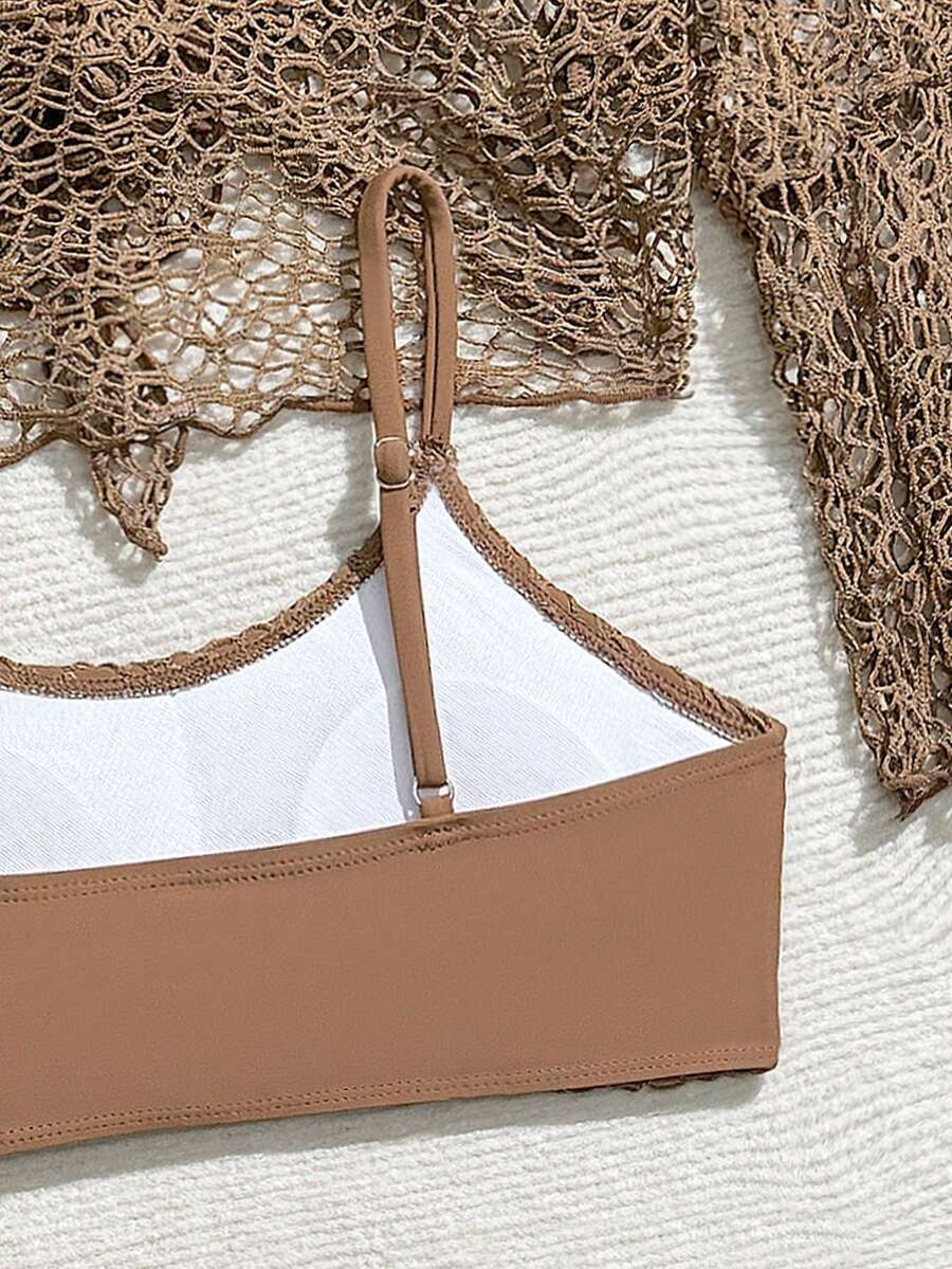 Tween girls beige bikini set with long sleeve round neck top, hollow-out asymmetrical details, mid-waist bottoms, and cover up for beach or vacation swimwear