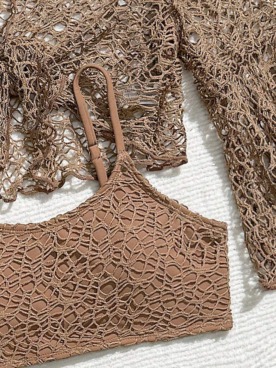 Tween girls beige bikini set with long sleeve round neck top, hollow-out asymmetrical details, mid-waist bottoms, and cover up for beach or vacation swimwear