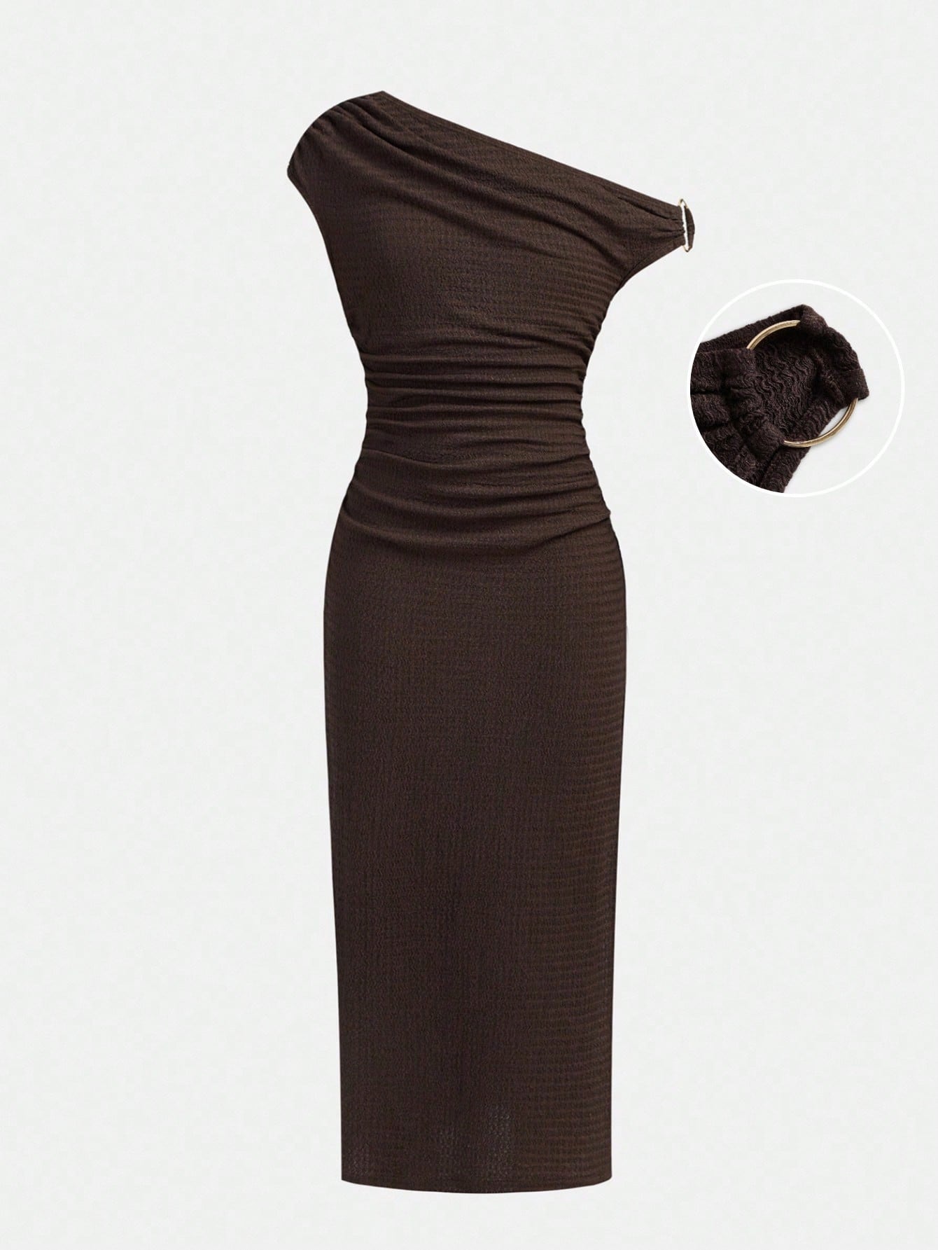 Tween girls sleeveless bodycon dress with asymmetrical neckline, ruched slim fit design, split detail, and long pencil hem in a plain everyday casual style.