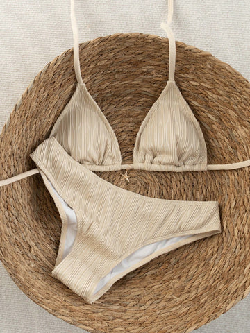 Women's apricot 2-piece halter bikini set featuring a wireless triangle top with tie-back detail and high-waisted high-cut bottoms.