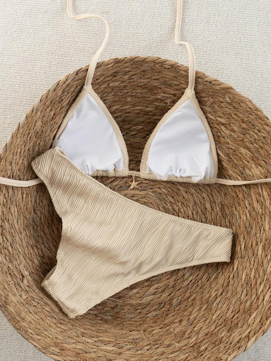 Women's apricot 2-piece halter bikini set featuring a wireless triangle top with tie-back detail and high-waisted high-cut bottoms.