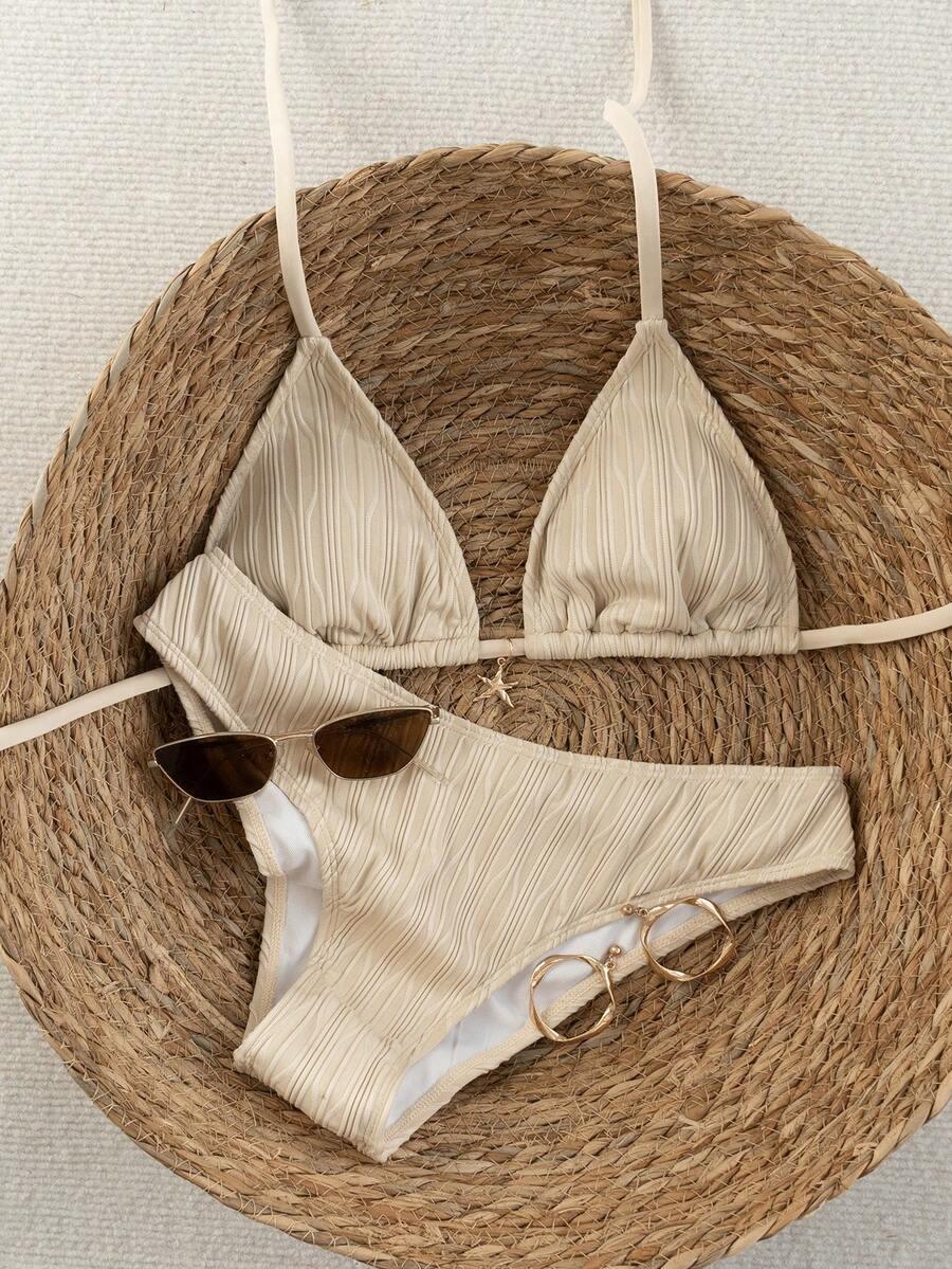Women's apricot 2-piece halter bikini set featuring a wireless triangle top with tie-back detail and high-waisted high-cut bottoms.