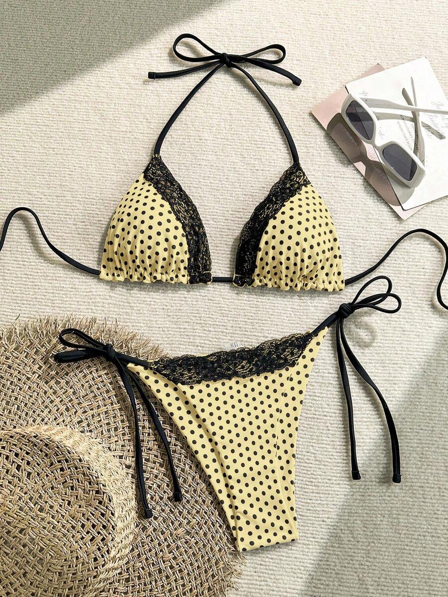 Women's 2-piece high-waist bikini swimsuit set featuring triangle cups and tie-side bottoms