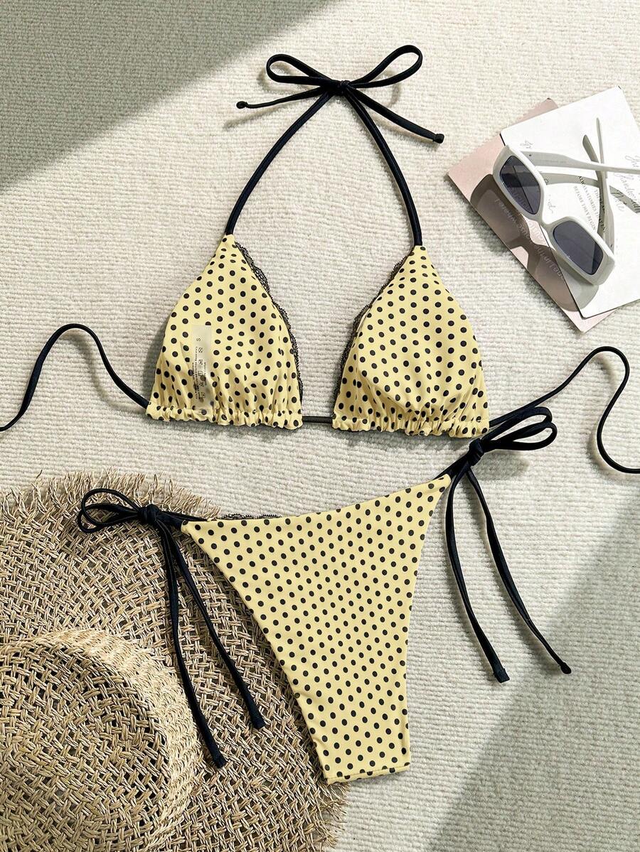 Women's 2-piece high-waist bikini swimsuit set featuring triangle cups and tie-side bottoms