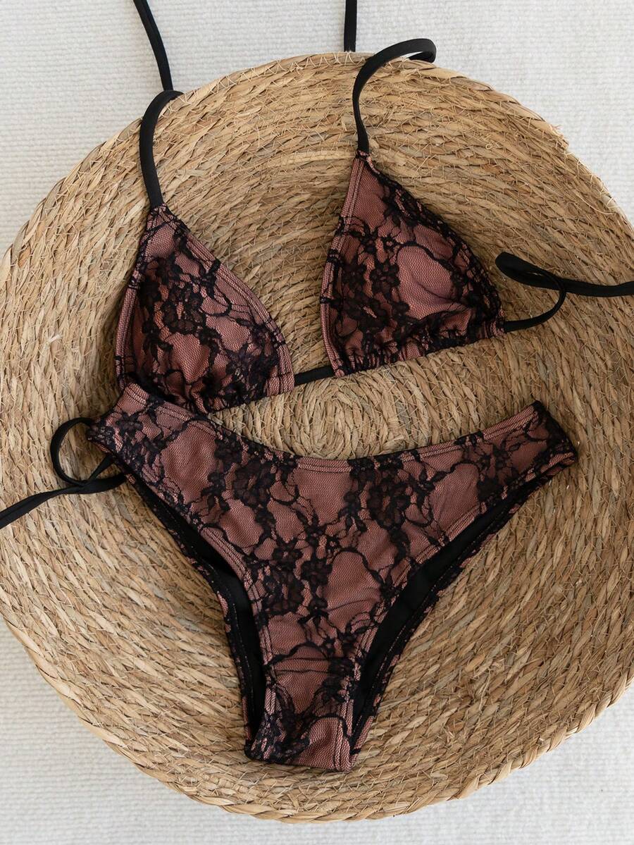 Women's apricot 2-piece halter bikini set featuring a wireless triangle top with tie-back detail and high-waisted high-cut bottoms.
