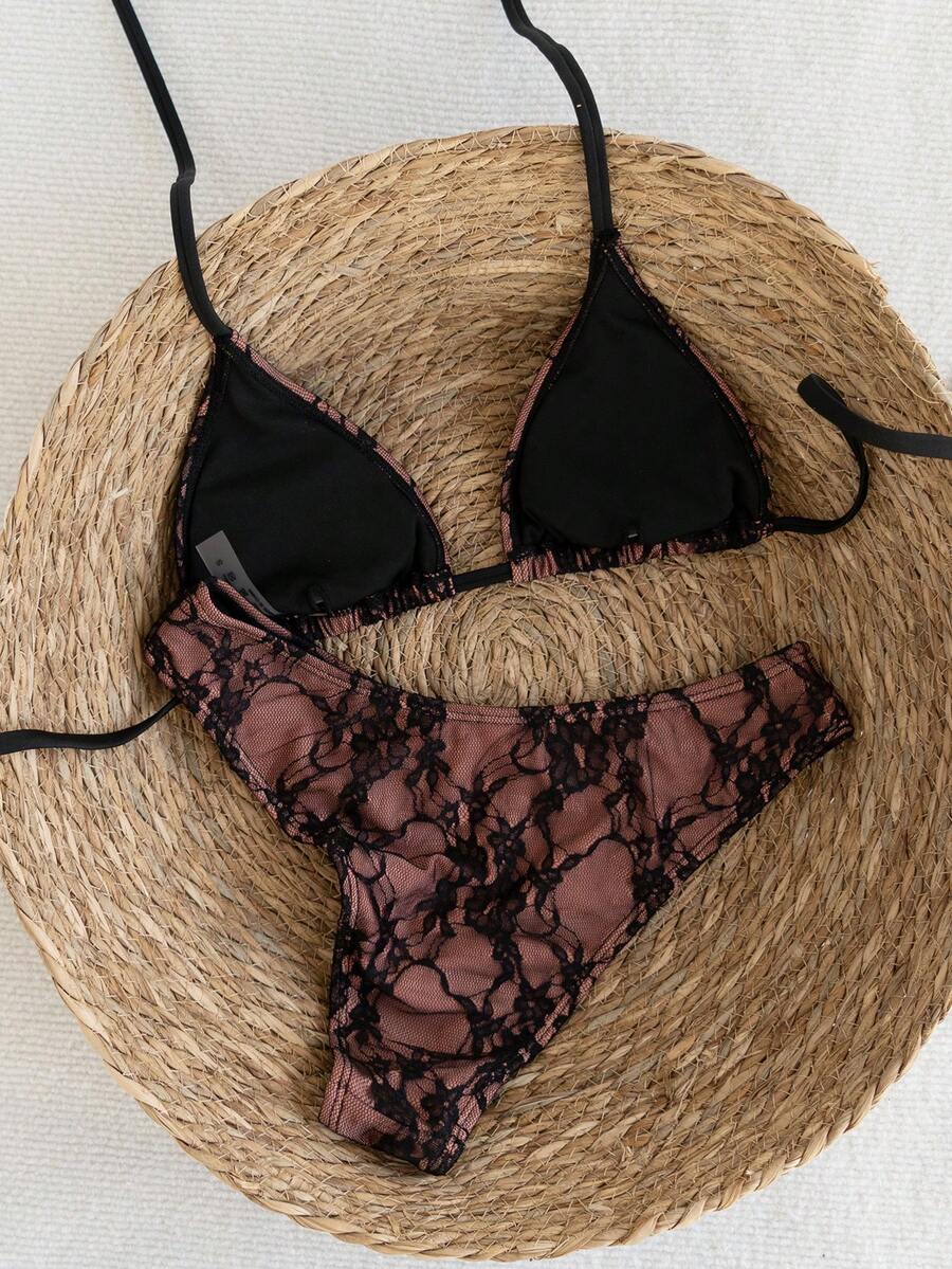 Women's apricot 2-piece halter bikini set featuring a wireless triangle top with tie-back detail and high-waisted high-cut bottoms.